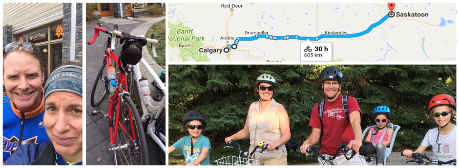 Jamie & Julie Popoff; Steve & Kirsten Waldschmidt and their kids, and a map from Calgary to Saskatoon