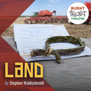 episode image for LAND by Stephen Waldschmidt, a sweetgrass braid resting on a farmland lease agreement, with a tractor and air seeder seeding a field in the background 