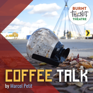 episode image for Coffee Talk by Marcel Petit, a discarded coffee pot sitting on the pavement with statue of teepee and figures in background